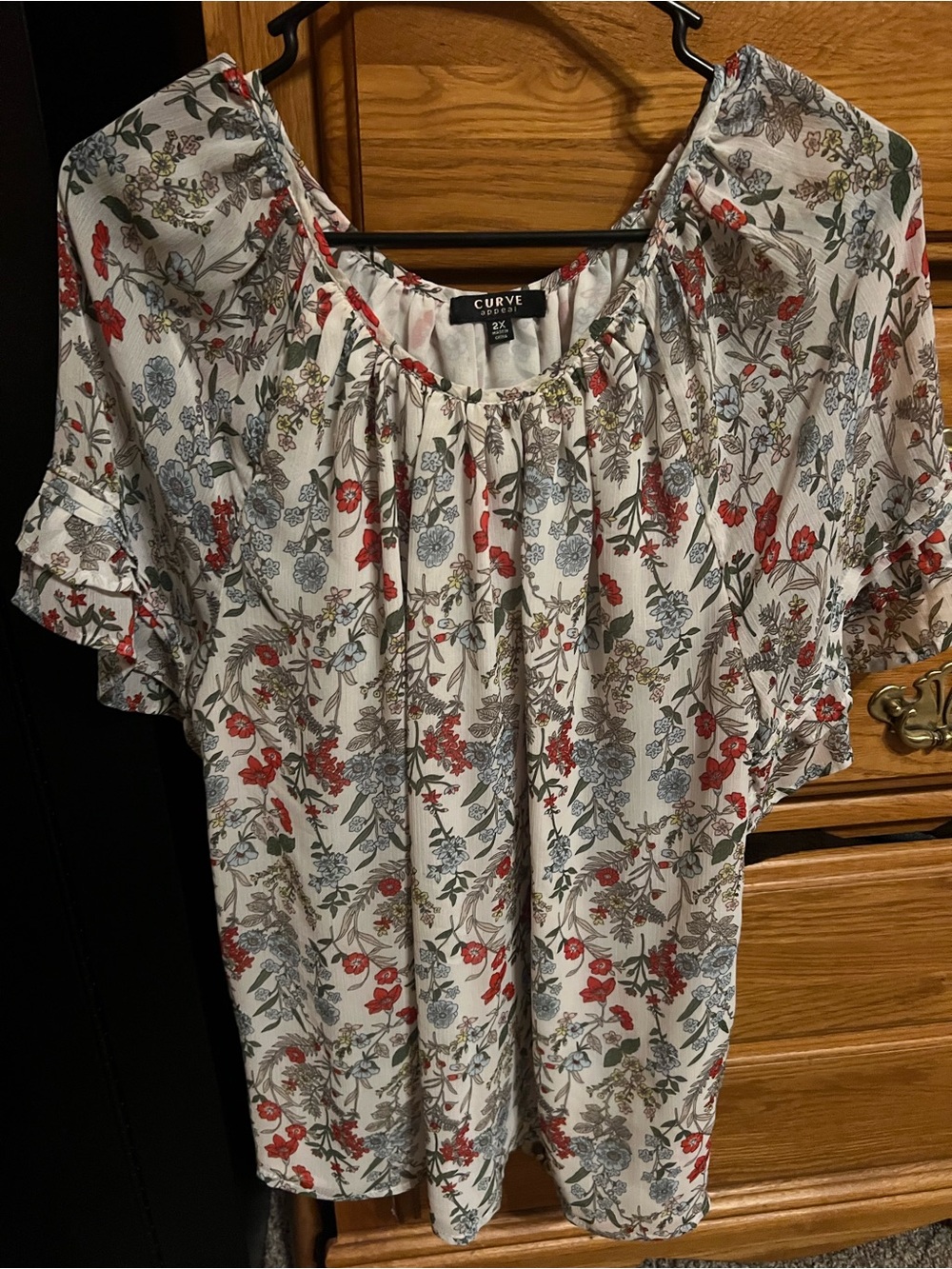 Curve Brand White Floral Peasant Blouse with Red and Gray Print